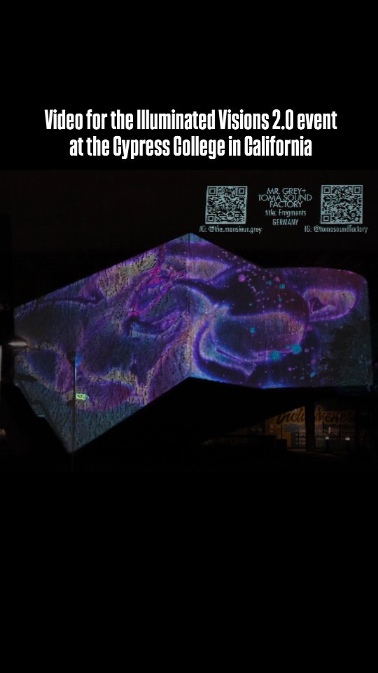 Our 3min video mapping loop for the Illuminated Vision event organized by the Cypress College Media arts design in California, USA 

''Fragments''
Music : Tomas Sound Factory 
Video : MR.GREY (made in TouchDesigner) 

Btw we are not from Germany but Canada 😛

#mrgrey #touchdesigner #pinkcloud_crew #vj #trippyvisuals #visuals #3d